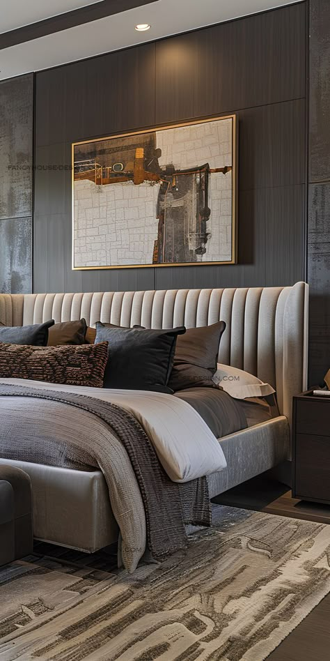 A cozy bedroom sanctuary is enhanced with decorative pillows, bedroom mirrors, and designer furniture, elevating it to a luxurious retreat. Glam Hotel Bedroom, Luxury Bedroom Hotel Master Suite, Luxury Hotel Decor, Gray Bed Frame Bedroom Ideas Modern, Hotel Aesthetic Bedroom, Modern Hacienda Bedroom, Lux Bedroom Ideas, Arhaus Bedroom, American Style Bedroom