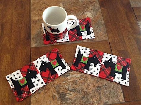 My Scottie Mug Rugs | Craftsy Scottie Dog Crafts, Lets Meet, Quilted Mug Rugs, Coffee Cozies, Plastic Canvas Ideas, Scotty Dog, Scottie Dogs, Dog Walk, Dog Crafts