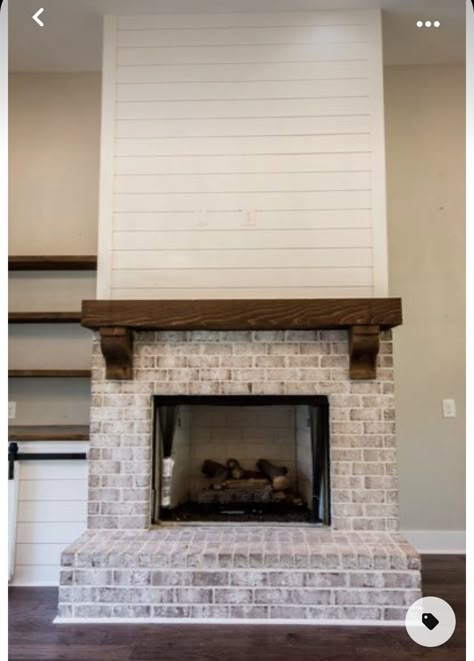 Brick Fireplace With Shiplap Above, Brick And Shiplap, Auburn Alabama, Shiplap Fireplace, Living Room Fireplace, Farmhouse Fireplace, Fireplace Remodel, Fire Places, The Mantle