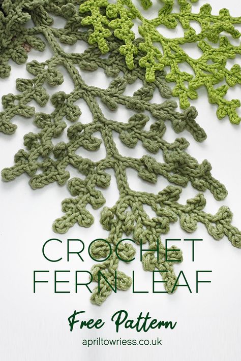 Image shows two crocheted fern leaves laying flat on a white background. Each Leaf has been created using different tones of green cotton yarn. Ginko Leaf Crochet, Fern Leaf Crochet Pattern, Crochet Vines Garland, Crochet Plant Wall Hanging, Crochet Leaf Stem, Crochet Leafy Vine Pattern, Fern Crochet Pattern Free, Crochet Hanging Vines Free Pattern, Leave Crochet Pattern