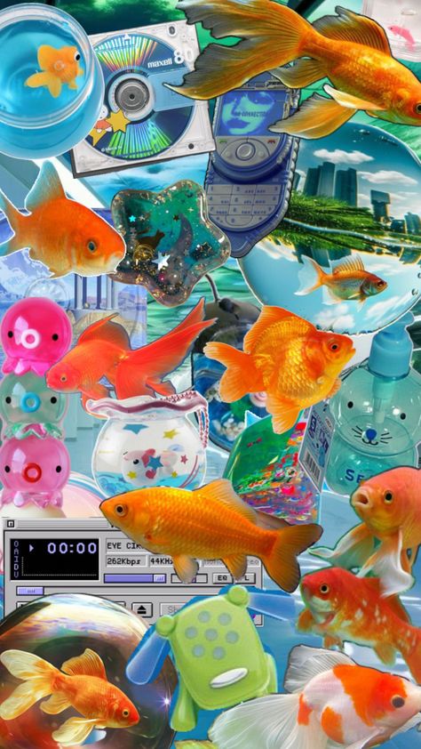 2000s Background, Fish Aesthetic, Studio Ghibli Background, Y2k Posters, Nostalgic Pictures, Aqua Wallpaper, Frutiger Aero, Artsy Pictures, Wallpaper Collage