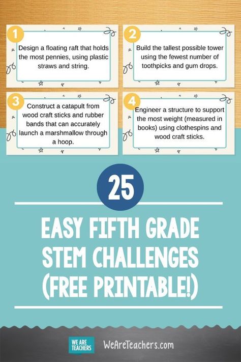 Get a free printable list of 25 fifth grade stem challenges, like building a plastic straw raft, designing a newspaper shoe, or creating a new paperclip. #teaching #teacher #fifthgrade #STEM #stemchallenges #printables Grade 5 Stem Challenges, Stem Challenges Middle School, Low Prep Stem Challenges, Fifth Grade Science Projects, Steam Lessons, Easy Stem, Steam Ideas, Maker Space, We Are Teachers