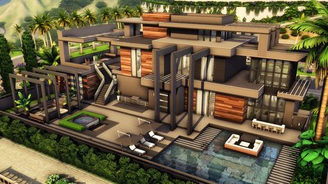 Sims Mansion, Sims 4 Penthouse, Sims 4 Modern House, Big Modern Houses, House Description, Sims 4 Houses Layout, San Myshuno, Mansion Exterior, House Plans Mansion