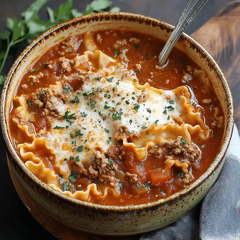 Cozy up with this hearty lasagna soup recipe, featuring tender pasta, rich tomato broth, and creamy cheese toppings. Ready in under an hour! Lasagna Soup Crockpot Recipes, Lasagna Soup Recipe Pioneer Woman, 10 Hour Crock Pot Recipes, Hearty Lasagna Soup, Lasagna Recipe Soup, Authentic Lasagna Soup, Lasange Recipe Soup Crockpot, Lasagna Soup Stove Top, Lasagna Recipe Soup Ground Beef