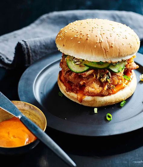 Korean fried chicken burger recipe - Dan Hong | Gourmet Traveller Fried Chicken Burger Recipe, Burger Dinner, Chicken Burger Recipe, Costco Food, Braised Chicken Breast, Fried Chicken Burger, Chefs Recipes, Gourmet Chicken, Chicken Burgers Recipe