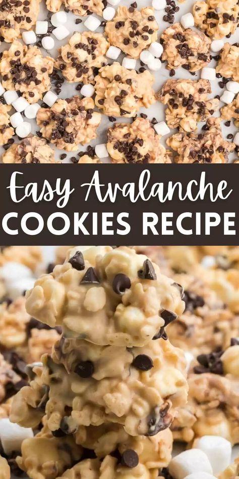 Avalanche Cookies - No Bake Cookie Recipe Gooey No Bake Cookies, Avalanche Cookies No Bake, No Bake Moose Farts, Microwave No Bake Cookies, White Chocolate No Bake Cookies, No Bake Avalanche Cookies, Unbaked Cookies, No Bake Cookie Recipes, Avalanche Bars