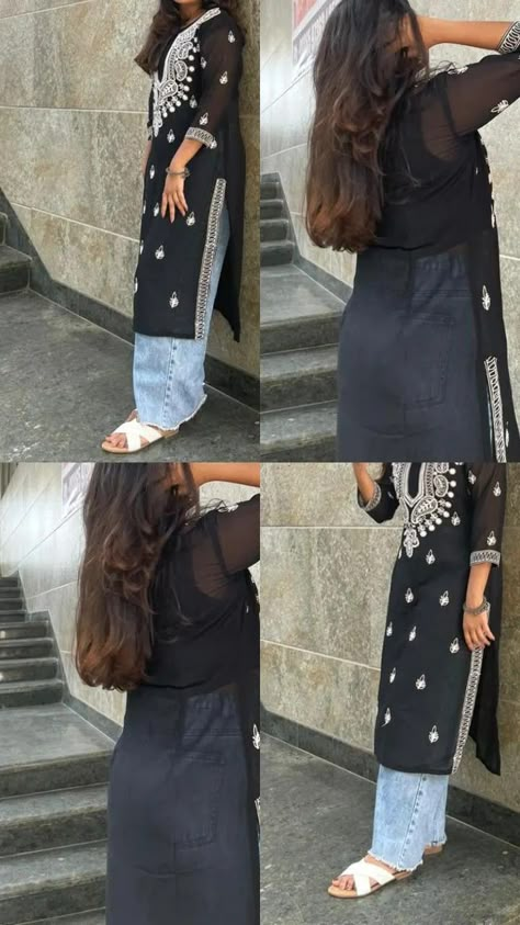 Chikankari kurti pairing with baggyy Chicken Kari Kurti Style, How To Style A Black Kurti, Black Chikankari Kurti With Jeans, Chikan Kari Kurti With Jeans, Black Kurti With Jeans Outfit, Farewell Kurti Ideas, Cargo With Kurti, Black Chikankari Kurta Aesthetic, Chikankari Kurti With Jeans Outfit