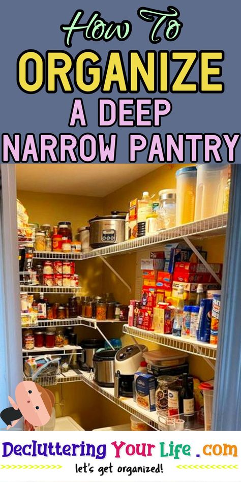 Pantry Organization-How To Organize a Deep Narrow Pantry - have an odd-shaped awkward panty that is deep and narrow with shelves? Here's genius pantry organization ideas on a budget for organizing an awkward deep pantry closet. Organize Narrow Pantry, Long Narrow Pantry Organization, Narrow Deep Pantry Ideas, U Shaped Pantry Organization, Awkward Pantry Space, Narrow Pantry Shelving Ideas, Narrow Deep Pantry, Deep Narrow Pantry Organization, Long Narrow Pantry Ideas