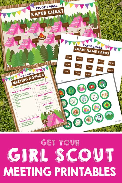 Calling all troop leaders - get awesome boy and girls scout, cubs and brownies kaper charts and name cards, meeting agendas and pin badges for your troop! #boyscouts #girlscouts #cubs #brownies Brownie Kaper Chart Printable, Kaper Chart Brownie, Kaper Chart Girl Scouts, Scouts Badges, Kaper Chart, Daisy Activities, 40th Party Ideas, Girl Scout Troop Leader, Brownie Scouts