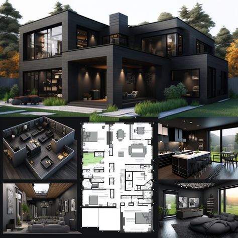 Black And Grey Modern House, Dark House Designs Exterior, Black Modern House Bloxburg, Dark Modern House Floor Plan, Black Villa Modern, Bloxburg Dark Modern House Layout, Black Modern Luxury House, Dark Modern House Layout, Minecraft Black House Ideas