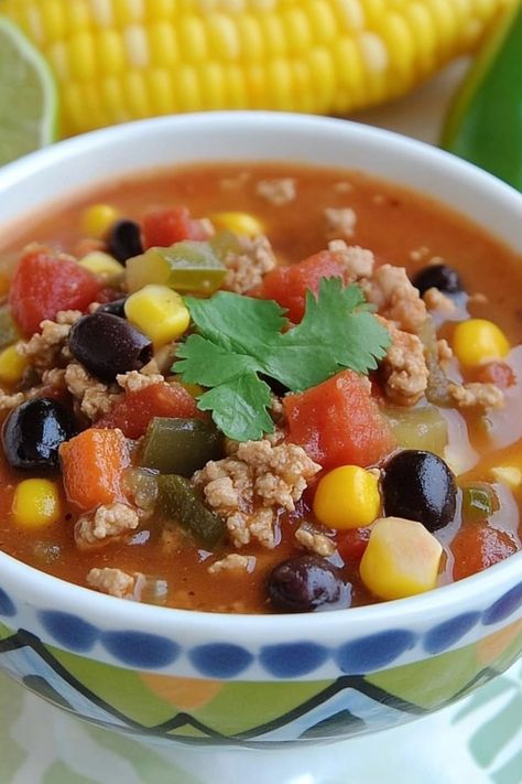 Turkey Taco Soup is a savory, hearty dish that merges the flavors of tacos into a delicious soup. Typically made with beans, and vegetables... Mexican Turkey Soup Recipes, Toco Soup, Turkey Taco Soup, Beans And Vegetables, Taco Spice, Turkey Soup Recipe, Turkey Taco, Turkey Tacos, Turkey Soup