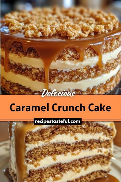 A decadent dessert featuring layers of moist vanilla cake topped with rich caramel sauce, a crunchy toffee topping, and creamy caramel buttercream frosting. Perfect for special occasions or indulgent treats. Caramel Crunch Cake Recipe, Toffee Crunch Cake, Caramel Crunch Cake, Caramel Cake Filling, Toffee Cake Recipe, Crunch Cake Recipe, Caramel Buttercream Frosting, Crunchy Caramel, Toffee Crunch