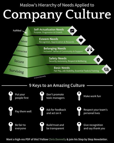 Business Infographics on LinkedIn: Maslow’s Hierarchy of Needs Applied to Company Culture

Credits to Chris… | 21 comments Leadership Development Activities, Canary Cage, Hierarchy Of Needs, Business Strategy Management, Maslow's Hierarchy Of Needs, Good Leadership Skills, Business Infographics, Job Advice, Startup Business Plan