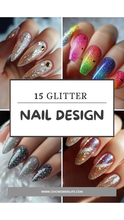 15 Glitter Nail Designs Glitter Nail Design Ideas, Glitter Nails Ideas, White Summer Nails, Stiletto Shaped Nails, Glitter Nail Designs, Glitter Accent Nails, August Nails, Summer Nails Beach, Glamour Nails