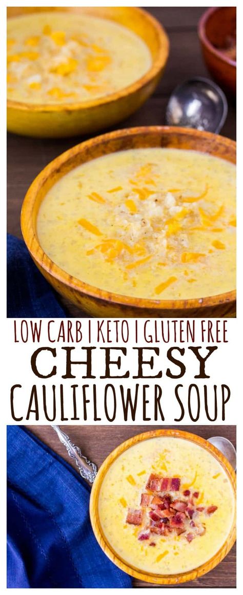 Cheesy Cauliflower Soup - Cheesy Cauliflower Soup is an easy-to-make, delicious low-carb recipe! This keto friendly soup has only 6 net carbs per serving and is also gluten free! It's a great recipe for meal prep and can be frozen for later use. | #dlbrecipes #cauliflower #cauliflowersoup #soup #keto Low Carb Chicken Soup, Cheesy Cauliflower Soup, Soup Keto, Keto Soups, Keto Gluten Free, Low Carb Soup Recipes, Roasted Cauliflower Soup, Cauliflower Soup Recipes, Delicious Low Carb Recipes