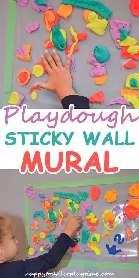 PLAYDOUGH STICKY WALL MURAL - HAPPY TODDLER PLAYTIME Easy Preschool Snacks, Sticky Wall, Art Activities For Toddlers, Playdough Activities, Learning Toys For Toddlers, Toddler Snacks, Toddler Art, Contact Paper, Fun Activities For Kids