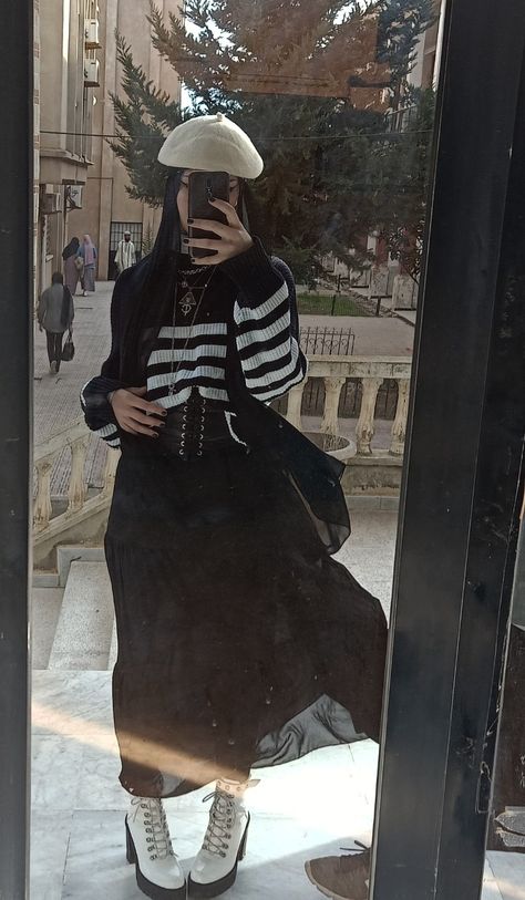 Black And White Fancy Outfit, Emo Hijab Outfits, Modest Alt Fashion, Goth Modest Outfits, Grunge Hijab Outfit, Alt Hijabi Aesthetic, Black Skirt Outfit Hijab, Long Black Skirt Outfit Aesthetic, Hijab Skirt Outfit