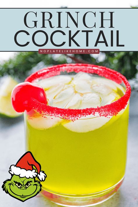 This Easy Christmas Grinch Cocktail Recipe is a fun holiday drink made with Midori melon liqueur, pineapple juice and lemon lime soda with a red sugar rim and Grinch heart cherry! It's a delicious and festive alcoholic drink for holiday parties! Click on the link to get this easy and yummy cocktail! Grinch Cocktail Recipe, Grinch Cocktail, Fun Holiday Drinks, Punch Recipes For Kids, Traditional Christmas Food, Grinch Heart, Melon Liqueur, Red Sugar, Christmas Recipes Easy