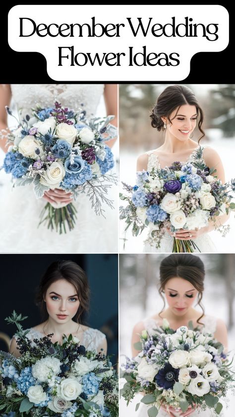 December wedding flowers in season with blue, white, and purple winter-themed bridal bouquets and centerpieces. Winter Wonderland Bridal Bouquet, Winter Wonderland Wedding Flowers, December Wedding Flowers Bridal Bouquets, December Wedding Bouquet, White Winter Bouquet, December Wedding Flowers, Winter Wedding Flower Arrangements, Winter Wedding Flowers Bouquets, Flowers In Season