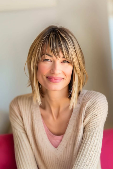 Versatile bob hairstyle with long bangs for women over 40, stylish and adaptable look. Medium Length Bob With Fringe, Long Bob With Bangs Over 50, Midi Bob With Bangs, Long Bob Hairstyles For Fine Hair With Bangs, Medium Length Bob Hairstyles With Bangs, Inverted Long Bob With Bangs, Medium Bob Hairstyles With Fringe, Shoulder Length Bob With Fringe, Aline With Bangs