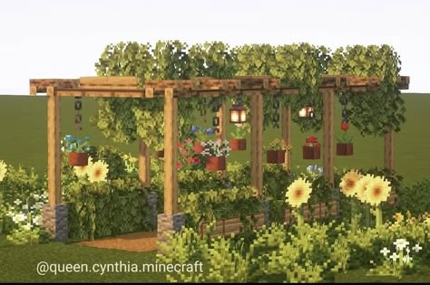 Cottage Garden Minecraft, Garden Idea Minecraft, Cute Garden Ideas Minecraft, Minecraft Flower Truck, Plant Decor Minecraft, Farm Land Minecraft, Cottagecore Minecraft Garden, Minecraft Picnic Basket, Gazebo In Minecraft