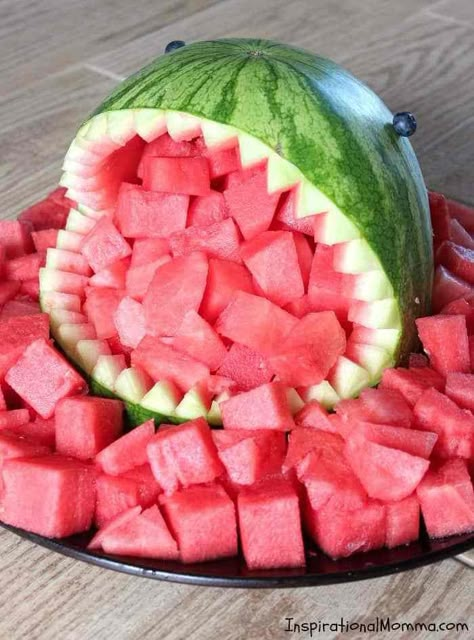 Watermelon Shark Shark Appetizers, Watermelon Display Ideas, Sage Birthday, Pool Party Snacks, Watermelon Shark, Shark Week Party, Pool Party Food, Pool Party Games, Summertime Snacks