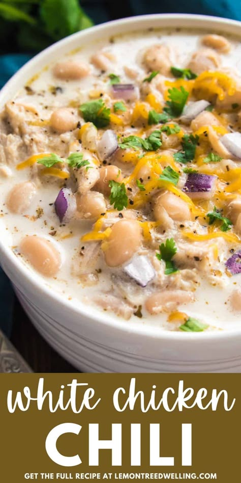 The BEST White Chicken Chili! Loaded with white beans, shredded chicken, green chiles, and the perfect blend of spices, this recipe comes together quickly and is always a crowd favorite. Enjoy it all on its own or with any of your favorite chili toppings! Plain Chicken White Chicken Chili, Asian Chicken Chili, White Bean Chicken Chili With Cream Cheese, Smoked Chicken Chili White Beans, Crockpot White Chilli, Bush Beans White Chicken Chili Recipe, Creamy White Chicken Chili Corn Chowder, White Chili With Ground Chicken, White Bean Chicken Chili Dutch Oven