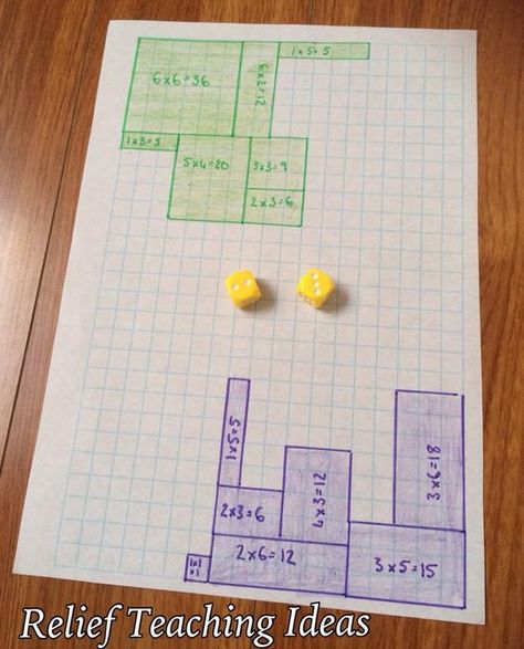 Area and Perimeter game for 2 or 3 players. Each player chooses a color pencil they will use in the game. Players take turns rolling the dice, using the numbers that they rolled to draw the perimeter of a rectangle or square & writing the area in the middle of the shape. Game ends when players run out of room to draw. Winner is the player who has used the largest area/most squares.: Area And Perimeter Games, Perimeter Games, Relief Teaching Ideas, Maths Area, Maths Games, Area And Perimeter, Math Measurement, Math Projects, Third Grade Math