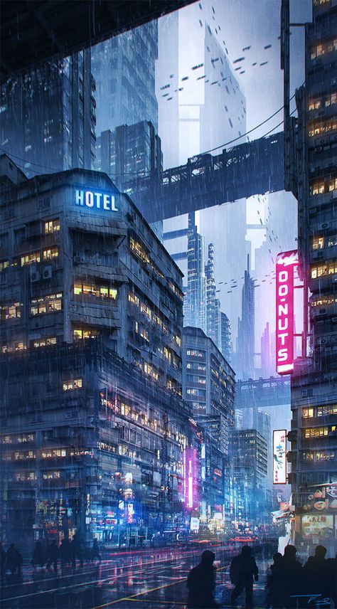 Downtown by Tim Blandin Kota Masa Depan, Sci Fi Landscape, Sci Fi City, Sci Fi Environment, City At Night, New Retro Wave, Cyberpunk Aesthetic, Cyberpunk City, Arte Cyberpunk