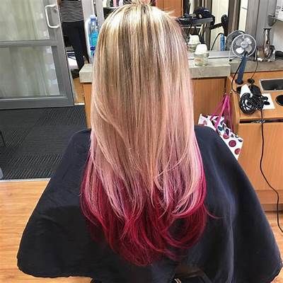 48 Looks with Reverse Ombre Hair Color | Pictures 2018 Blonde Red Ombre Hair, Peekaboo Hair Color On Blond Hair, Red Hair On Blond Hair, Colorful Hair Tips, Hair Tips Colored, Red Tips On Blonde Hair, Blonde Hair With Red Ends, Red Tip Hair, Blonde With Red Tips