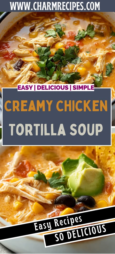 Creamy Chicken Tortilla Soup Soup Recipes Chicken Tortilla, Crock Pot Tortilla Soup, Best Chicken Tortilla Soup Recipe, Rotisserie Chicken Leftovers, Tortilla Soup Chicken, Tortilla Soup Crock Pot, Creamy Ranch Chicken Recipe, Best Chicken Tortilla Soup, Ranch Chicken Recipe