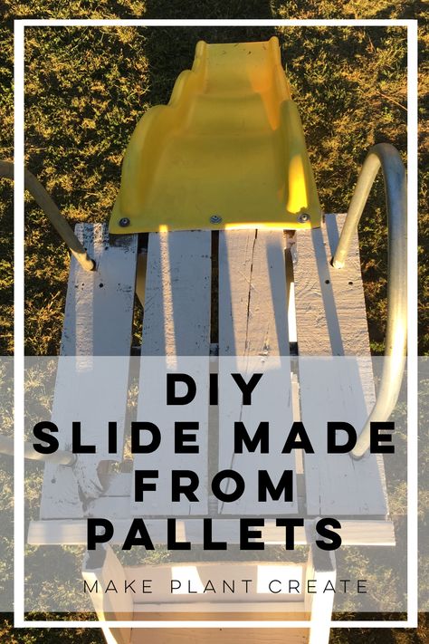 Up-cycled pallets used to make playground slide. #palletslide #diyplayground #palletplayground Playground From Pallets, Diy Pallet Playground, Diy Slide Playground, Homemade Slide, Pallet Playground, Diy Slide, Children's Playground Equipment, Bed Ladder, Bunk Bed Ladder