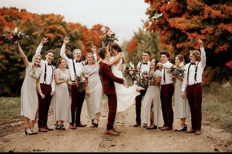 Maroon Wedding Party Attire, Groom Not Matching Groomsmen, Maroon Groom Suit Bridesmaid Dresses, Maroon And Tan Wedding Theme, Groom Burgundy Suit Bridesmaid Dresses, Champagne And Burgundy Wedding Groomsmen, Wine Bridesmaid Dress With Groomsmen, Burgundy And Tan Wedding Party, Tan And Maroon Wedding