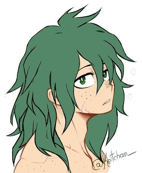 Long Haired Deku, Deku First Design, Izuku Long Hair, Izuku With Long Hair, Izuku Midoriya Long Hair, Deku Long Hair, Deku With Long Hair, Pretty Izuku, Green Hair Character Design