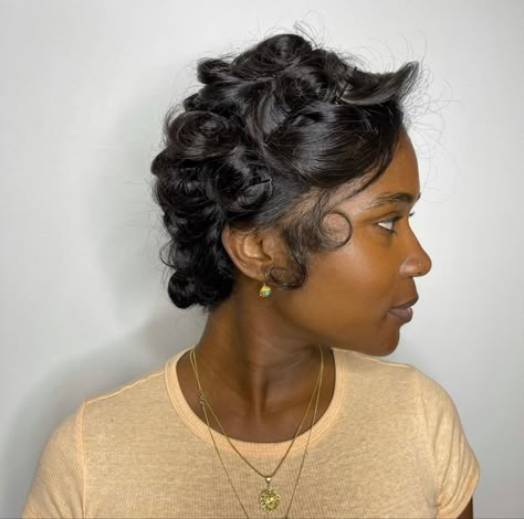 Jet Black Silk Press, Black Silk Press, Natural Hair Bob Cut, Pin Curl Hair, Tiktok Hairstyles, Dainty Jewelry Gold, Black Hair Curls, Silk Press Hair, Natural Hair Short Cuts