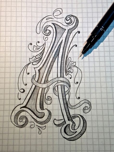 https://flic.kr/p/dMQn7v | Sketch - Letter A for Alphabet | Absolutely no idea what it´s good for, but it´s an A.. Inspired by all the cool lettering, old sign painters and gilded letters. Alfabet Letters, The Letter A, Drawing Letters, Creative Lettering, Lettering Styles, Illuminated Letters, Cool Lettering, A Pen, Graffiti Lettering