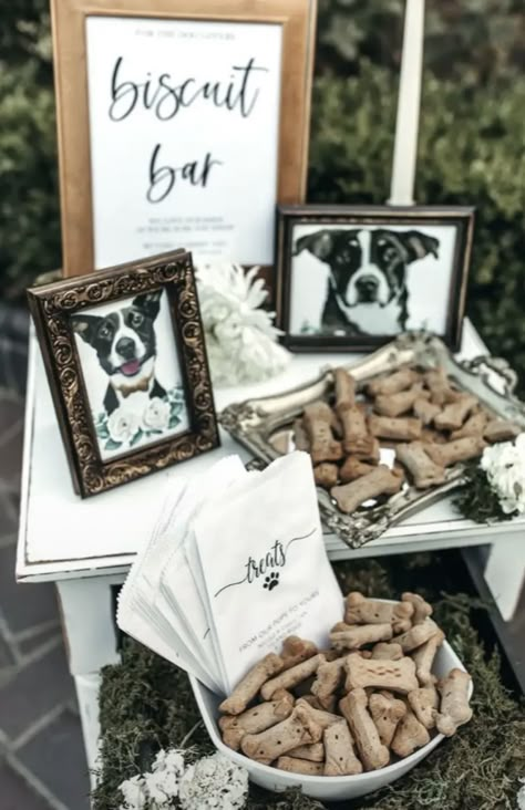 Refreshment Bar Ideas, Dog Bar At Wedding, Black Lab Wedding Ideas, Wedding Dog Koozie, Dog Wedding Decorations, Dog At A Wedding, Pet Memorial Wedding, Dogs At Wedding Reception, Dog Table Wedding