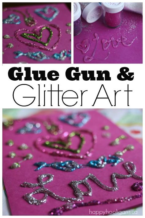 Glue Gun and Glitter Art - Great way to create greeting cards and custom art - Happy Hooligans Glitter Glue Art, Glitter Glue Crafts, Printable Valentines Crafts, Valentines Crafts For Toddlers, Hot Glue Crafts, Valentines Crafts For Kids, Cute Art Projects, Snail Craft, Happy Hooligans