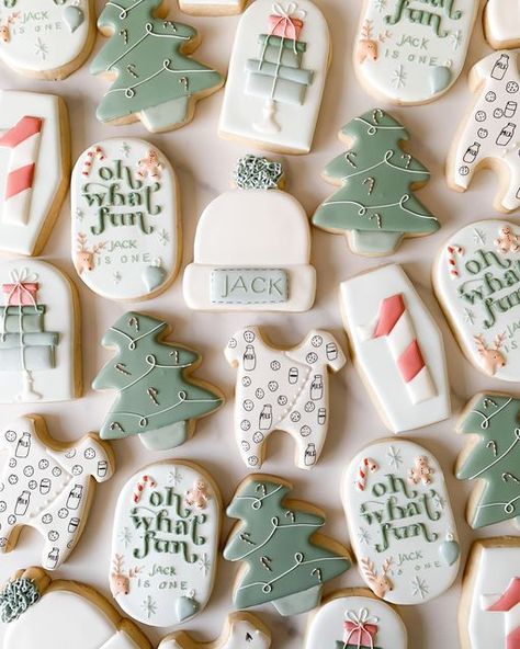 Lauren Gaughan on Instagram: "Oh What Fun, Jack is One! . . . . . #cookies #christmascookies #christmasbaking #christmastree #treegarland #christmascookiechallenge #christmascookiesfordays #christmascookie #christmasiscoming #buckscountypa #buckscountybakery #buckscountychristmas #bestofbucks #talentedcookiers #bakeoftheday #yardleypa #newtownpa #bakeoftheweek #cookiesofinstagram #customcookies #treecookies #christmasinbuckscounty #buckscountymoment #buckscountymoms #buckscountybusiness #bucksc Sweet One Christmas First Birthday, 1st Birthday Christmas Cookies, Christmas Birthday Cookies Decorated, Christmas Tree Birthday Party, First Christmas Birthday, 1st Christmas Birthday Party Ideas, Oh What Fun To Be One Birthday, Christmas Cookie Birthday Party, Oh What Fun It Is To Be One Cookies