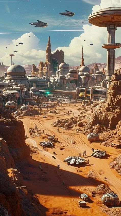 Sci Fi Funny, Other Dimensions Art, Dystopian Spaceship, Mars Colony Concept Art, Star Wars City Concept Art, Sci Fi Planet Concept Art, Star Wars Artwork Illustrations, Sci Fi Outpost, Alien Worlds Landscape