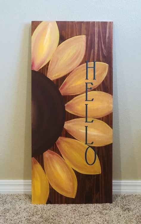 Sunflower Signs Diy, Sunflower Welcome Sign Diy, Sunflower Wood Art, Diy Sunflowers, Painted Welcome Signs On Wood With Flowers, Wood Sunflower Sign, Sunflower Art Project, Painted Sunflowers On Wood Pallet Signs, Sunflower Sign