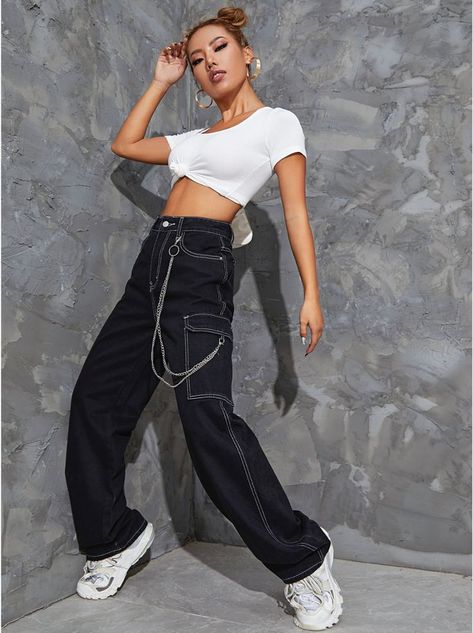 cool cargo pants with detailing and a chain! Jeans With Chains On The Side, Cool Cargo Pants, Jeans With Chains, Pocket Chain, Chain Design, Shein Style, Baggy Jeans, On The Side, Flap Pocket