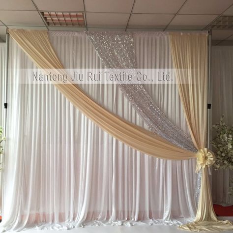 Gold Sequin Backdrop Ideas, Drape Wedding Backdrop, Balloon Walls, Wall Drapes, Draping Ideas, Silver Curtains, Curtains White, Church Interior Design, Ceiling Draping