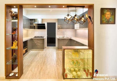 kitchen door design ideas modern Open Kitchen Partition Ideas Wood, Kichen Desine With Hall, Open Hall Kitchen Ideas, Open Kitchen Entrance Design, Kitchen Gate Design Modern, Parallel Kitchen With Breakfast Counter, Indian Island Kitchen Design, Kitchen Arch Design Modern, Kitchen Door Design