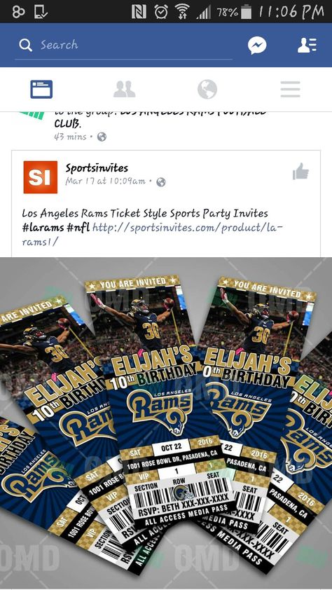 First Bday, Rams Football, La Rams, Ticket Invitation, Football Party, 9th Birthday, Bday Ideas, 10th Birthday, Bday Party