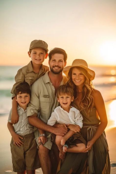 A happy family with two young boys and a toddler, dressed in coordinating outfits, smiling together on a beach at sunset. Boys Beach Photoshoot, Beach Photoshoot Outfits Family, Family Beach Photoshoot, Beach Family Photoshoot, Beach Photoshoot Family, Beach 2024, Family Beach Session, Photoshoot Outfit Ideas, Fam Pics