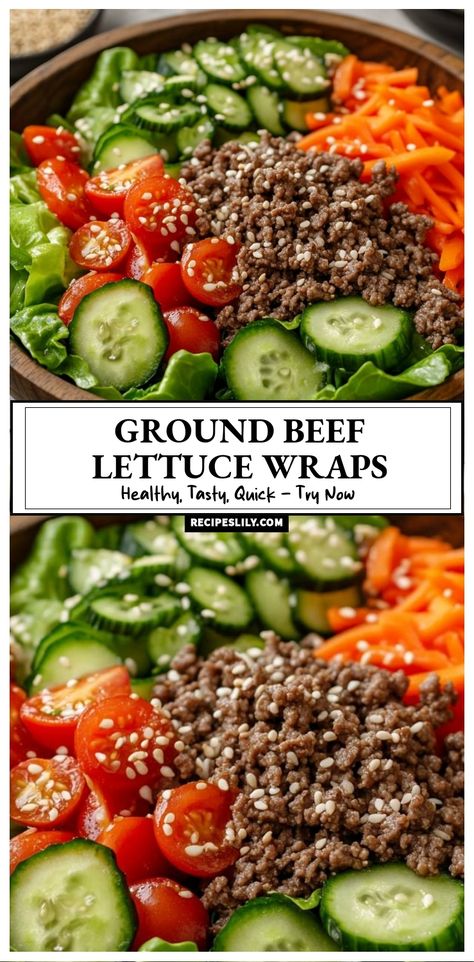 I'm excited to share my recipe for these healthy and tasty ground beef lettuce wraps! They’re quick to prepare and packed with fresh veggies like cucumbers, tomatoes, and shredded carrots. Perfect for a light meal or as a fun appetizer for gatherings. You won't want to miss out on this vibrant and flavorful dish! Lettuce Wrap Meal Prep, Lettuce Wrap Bowl, Ground Beef Lettuce Wrap Recipes, Ground Beef Lettuce Wraps Healthy, What To Make With Lettuce, Hamburger Lettuce Wraps, Iceburgers Lettuce Recipes, Cheeseburger Wraps Ground Beef, Healthy Dinner Beef