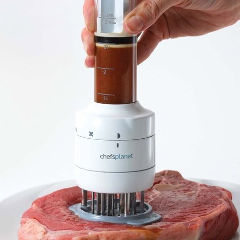 A <a href="http://fave.co/1PE2Jw3" target="_blank">two-in-one tenderizer and marinade infuser</a> for the impatient dad. Meat Tenderizer Tool, Meat Injector, Grilling Gifts, Steak Sauce, Flavor Enhancers, Grilling Tools, 21st Gifts, Meat Cuts, Meat Tenderizer