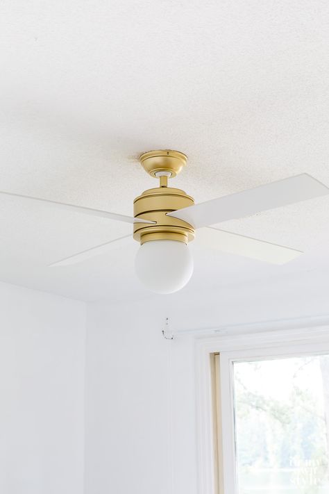 Ceiling fans? Do you love them or hate them. If you are the latter, this ceiling fan may change your mind. Fan Makeover, Bedroom Ceilings, Gold Ceiling Fan, Fan Lighting, Brass Ceiling Fan, Lighting Makeover, Bedroom Fan, Fans Ceiling, Ceiling Fan Makeover