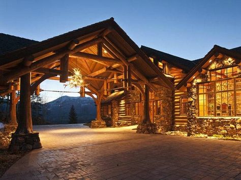 Cabin Homes Interior, Cabin Mansion, Luxury Log Cabins, Jackson Wy, Log Cabin Ideas, Porte Cochere, Sanctuary Bedroom, Log Cabin Homes, Cabin In The Woods